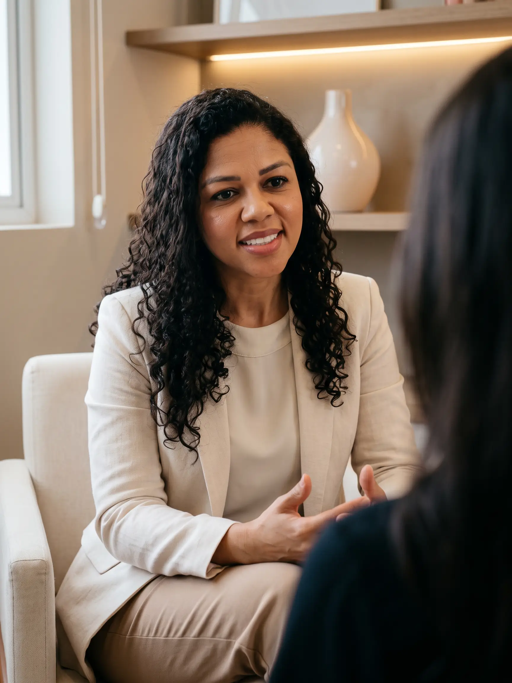 Richelly Murta sentada na poltrona creme do consultório, de blazer de linho creme, falando com uma pessoa que aparece de costas e desfocada no primeiro plano.